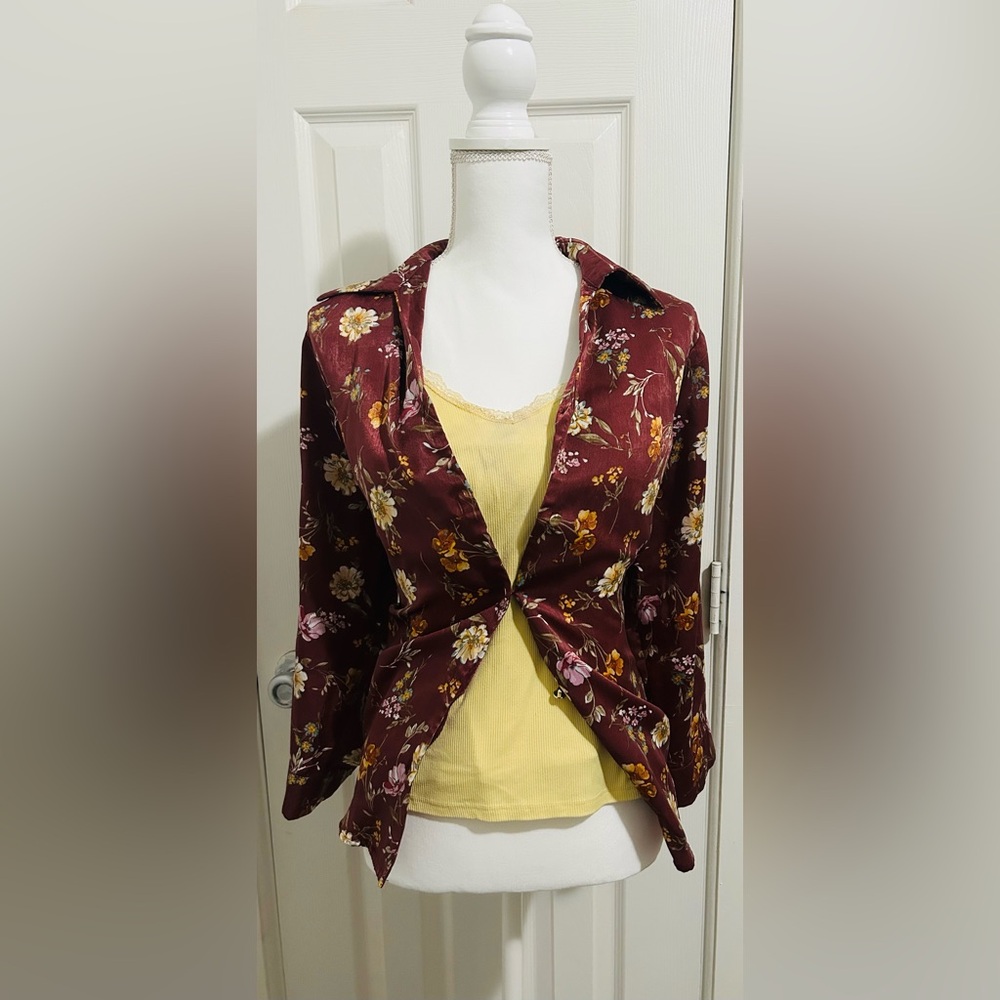 Burgundy Floral Satin Blazer